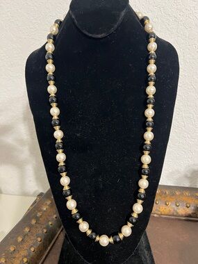 Vintage Black and Faux Pearl Beaded Necklace with Gold Accents
